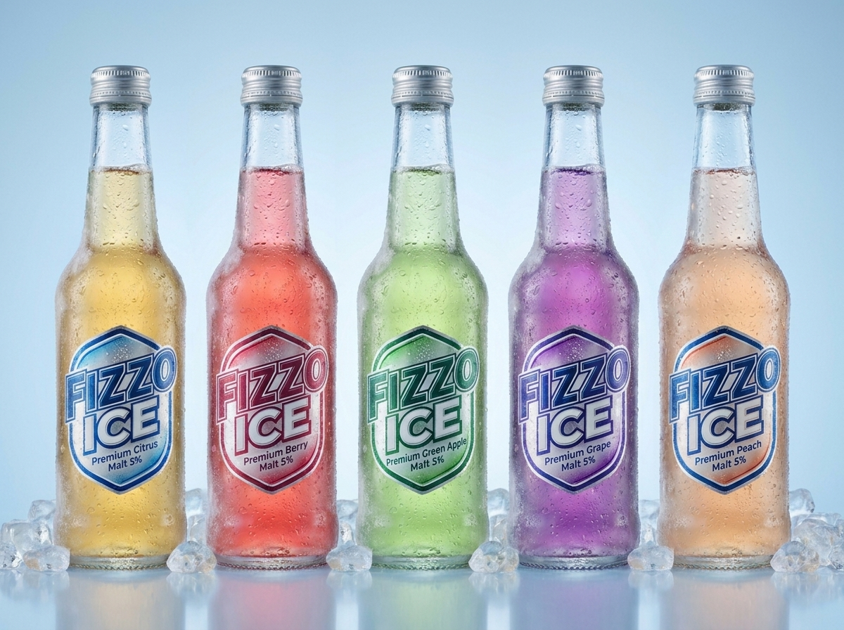 Five flavor lineup of FIZZO ICE glass bottle RTD