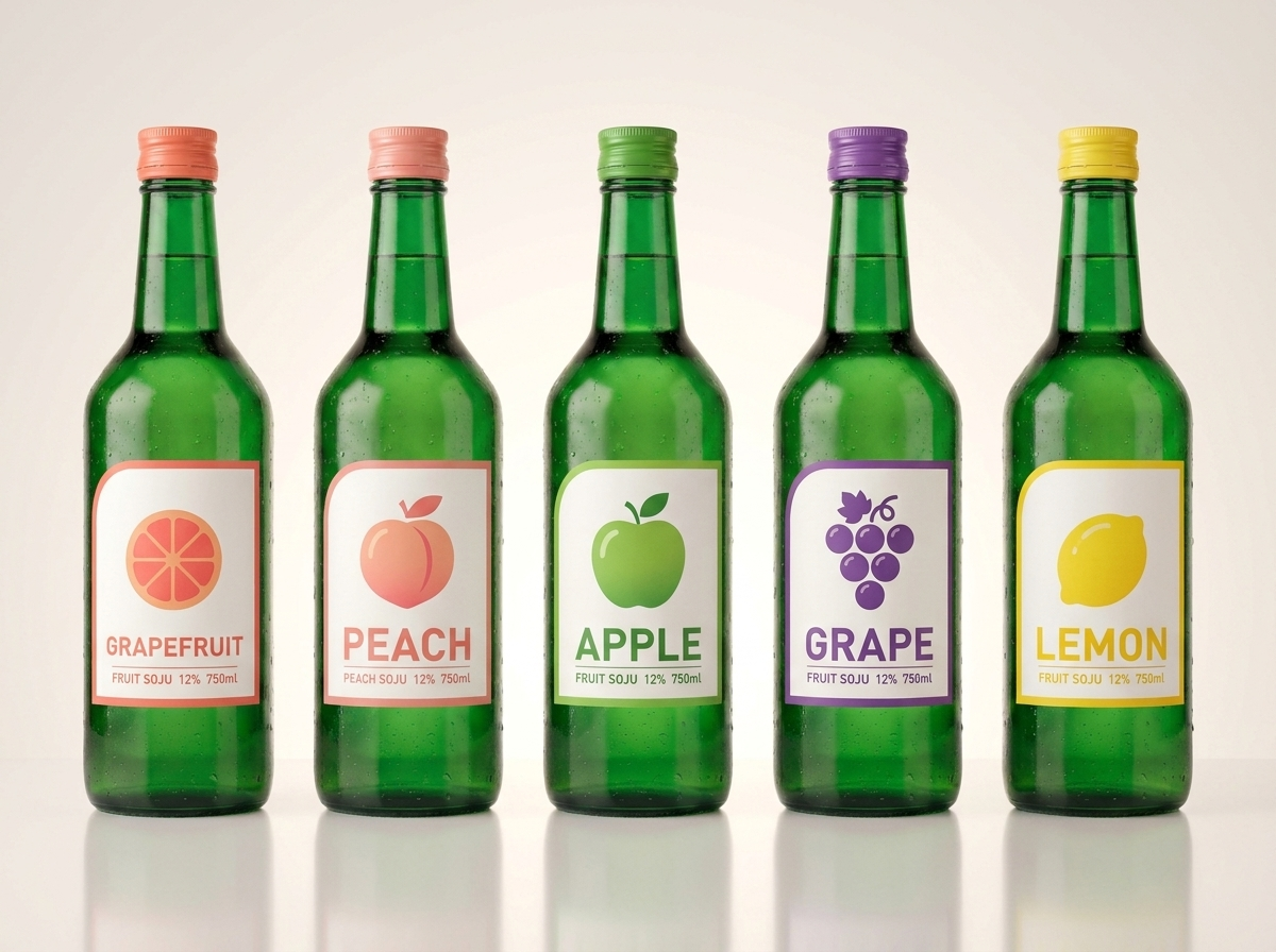 Five flavor lineup of green 750ml fruit soju bottles